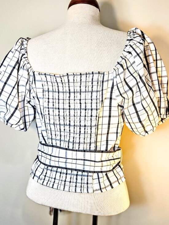 Levi's Vera Puff Sleeve Top Vera Blouse Sally Plaid Cloud Dancer Pattern Medium - Picture 7 of 11